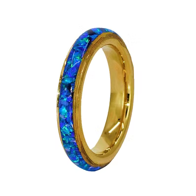 A gold band ring featuring a vibrant blue iridescent inlay of opal-like stones, shown on a plain white background.
