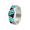 A silver band ring featuring a geometric inlay pattern of vibrant blue and turquoise opal, red garnet, and dark black triangular sections, shown on a plain white background.