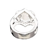 A silver-toned ring featuring a central clear heart-shaped gemstone surrounded by small clear stones, set in a polished metal band on a plain white background.