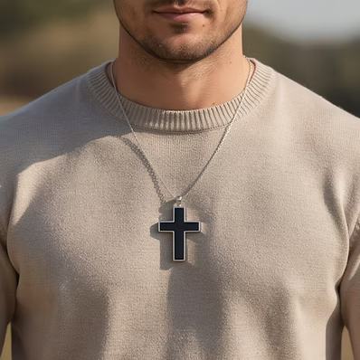 A close-up of a man wearing a silver-toned cross pendant necklace with a black inlay, styled on a beige crewneck sweater.