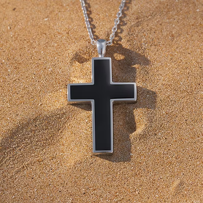 A black cross pendant with a silver-toned metal border and matching chain, resting on a sandy surface.
