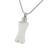 A polished silver cremation urn pendant shaped like a bone, suspended from a silver snake chain against a plain white background.