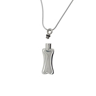 A silver pendant necklace featuring a glossy, bottle-shaped charm suspended from a delicate snake chain, set against a plain white background.