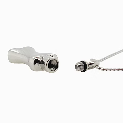 A polished chrome shower valve trim and matching cable end piece shown on a plain white background.