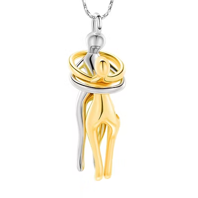 A two-tone gold and silver pendant necklace featuring a stylized figure wrapped in circular bands, suspended from a silver chain against a plain white background.