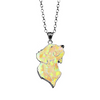 A silver chain necklace with a dog-shaped pendant featuring a vibrant, iridescent opal inlay that shifts between yellow, green, and white, set against a plain white background.