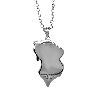A silver pendant necklace featuring a polished, irregularly shaped silhouette pendant on a matching silver chain, shown against a plain white background.