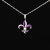 A silver-tone necklace featuring a fleur-de-lis pendant with purple enamel inlay, displayed against a solid black background.