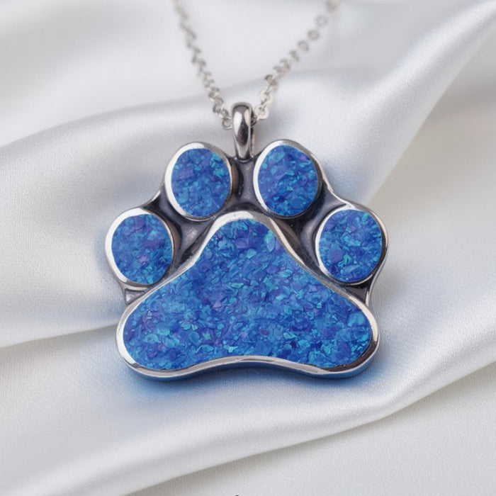 Cremation Large Paw Print Pendant .960 Silver on White Silk Background