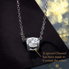 A silver necklace with a cushion-cut gemstone pendant on a black background, featuring a text overlay explaining a special channel to contain ashes.