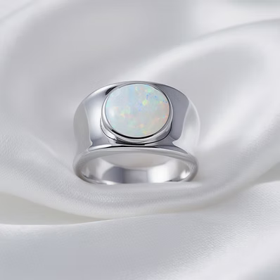 A silver-toned signet ring featuring a round, milky white opal gemstone, displayed on draped white satin fabric.