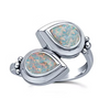 A silver-toned double-opal ring featuring two teardrop-shaped iridescent opal stones in polished bezel settings, shown on a clean white background.