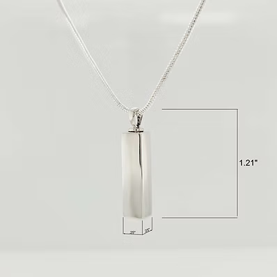 A silver-toned rectangular pendant necklace on a delicate chain, shown against a light gray background with dimension lines and text indicating 1.21 inches height and 0.