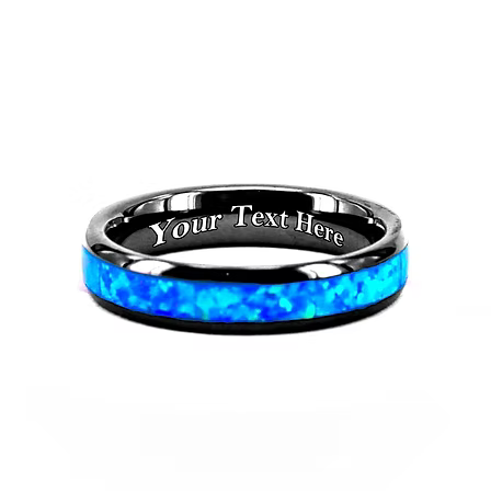 A custom black metal band ring featuring a vibrant blue opal inlay, with 'Your Text Here' engraved on the inside, shown on a plain white background.