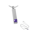 A silver-toned rectangular cremation urn pendant necklace with a faceted purple gemstone at the bottom, shown on a white background with an additional detached chain and pendant inset.