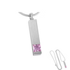 A silver-toned rectangular pendant necklace with a faceted pink gemstone at the bottom, shown on a white background with an inset of the necklace chain and clasp detail.