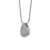 A silver teardrop-shaped pendant necklace with a matching silver chain, shown against a plain white background.