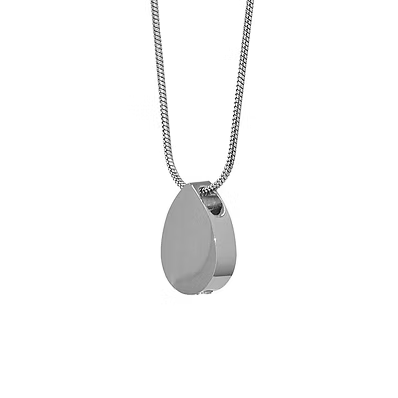 A silver teardrop-shaped pendant necklace with a matching silver chain, shown against a plain white background.
