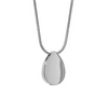 A polished silver teardrop-shaped locket pendant on a matching silver chain, shown against a plain white background.