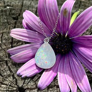.960 Argentium silver pear shaped pendant with chain and opal inlay