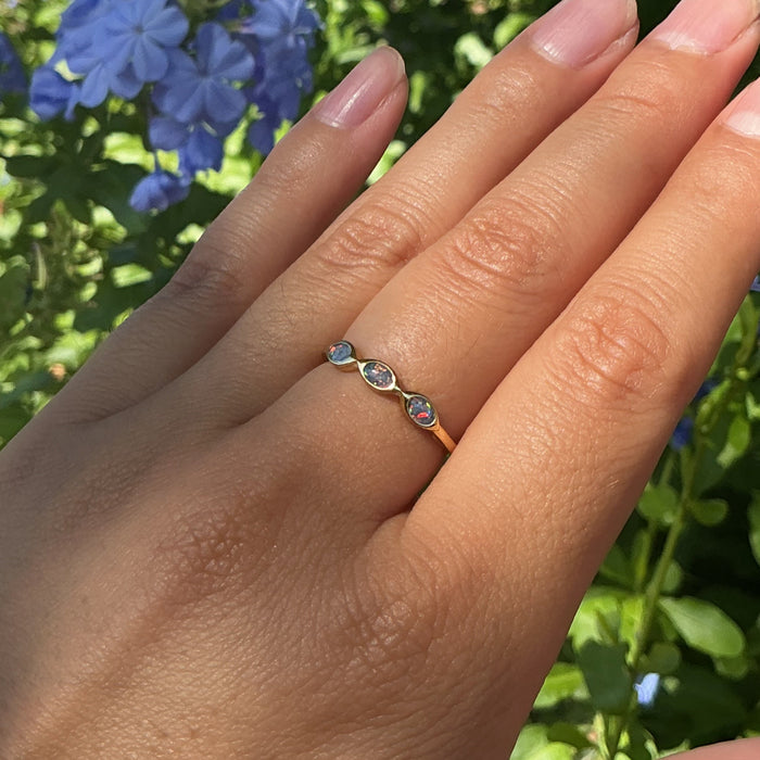 A close-up of a person's hand wearing a delicate gold ring with three small round-cut clear gemstones, set against a blurred background of green foliage and blue flowers.