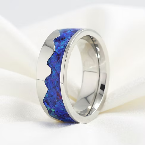 Stainless Steel Mountain Cremation Opal Ring