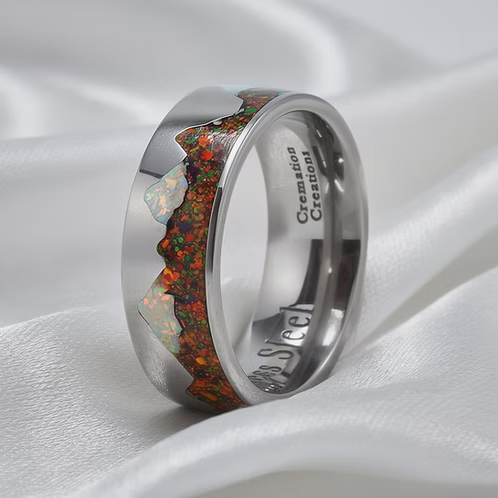 Stainless Steel Mountain Cremation Opal Ring