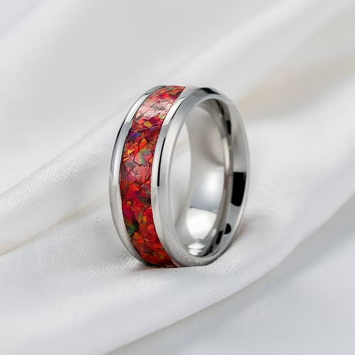 Stainless Steel Cremation Opal Ring Band
