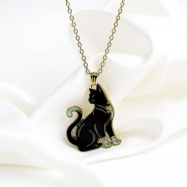 gold cat pendant with opal inlay