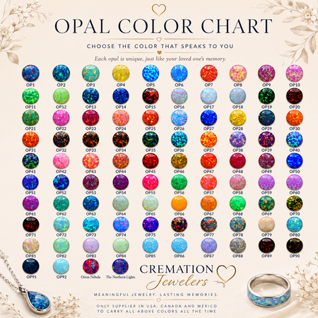 An opal color chart graphic showing many small circular swatches of different opal colors arranged in a grid, with the text 'OPAL COLOR CHART' at the top and 'CREMATION Jewelers' at the bottom. Decorative floral corners and jewelry imagery appear around the edges.