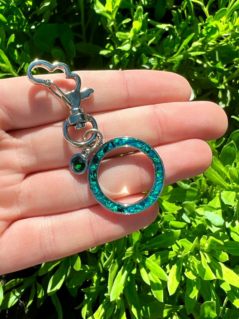Cremation Infinity Keychain with Ash and Opal Inlay, Emerald Green Charm 