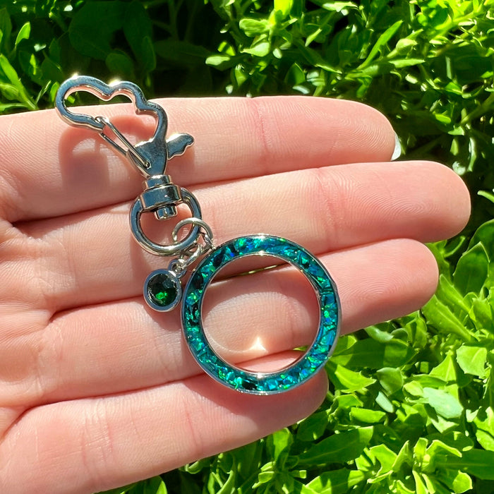 Cremation Infinity Keychain with Ash and Opal Inlay, Emerald Green Charm 