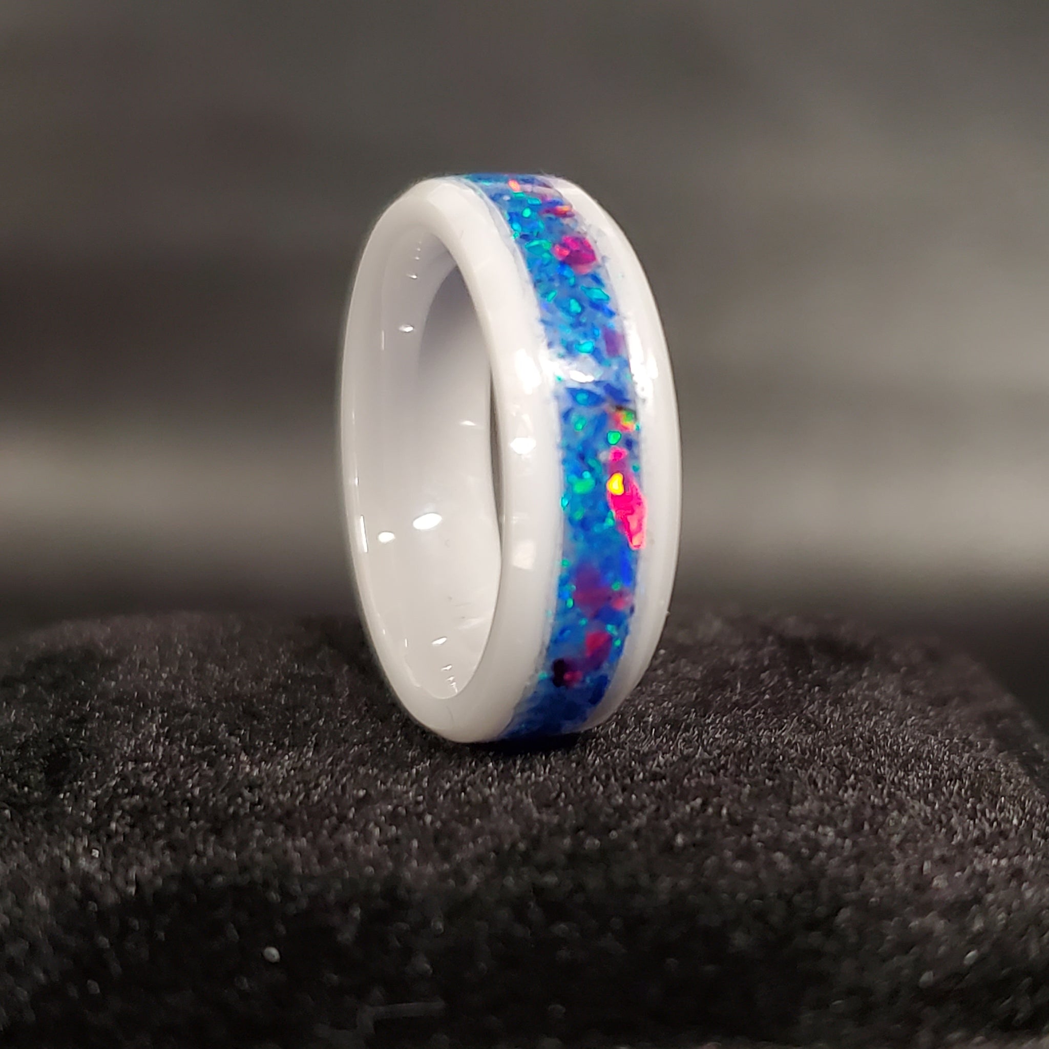Cremation Ring Glow White Ceramic with Ash and Opal