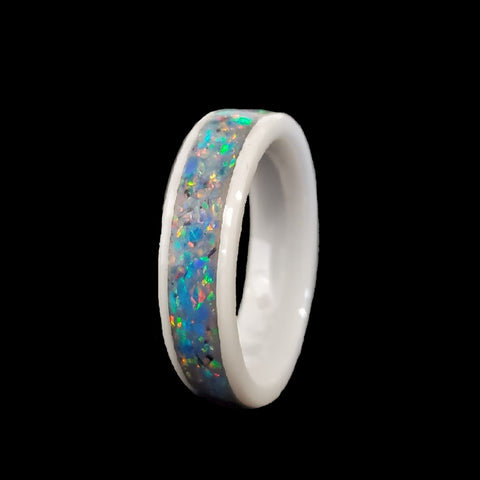 Cremation Ring 6mm White Ceramic with Ash and Opal