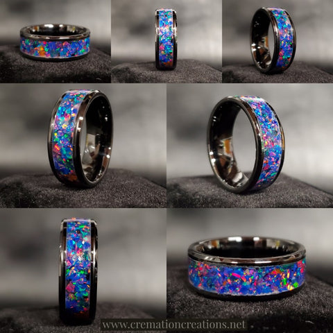 Cremation Ring 8mm Black Ceramic with Ash and Opal