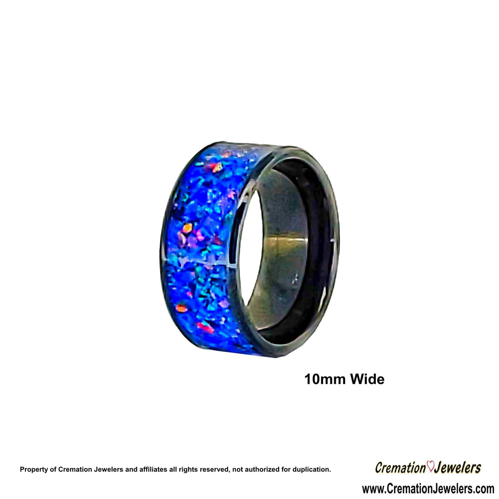 Cremation Ring 10mm Black Ceramic with Ash and Opal