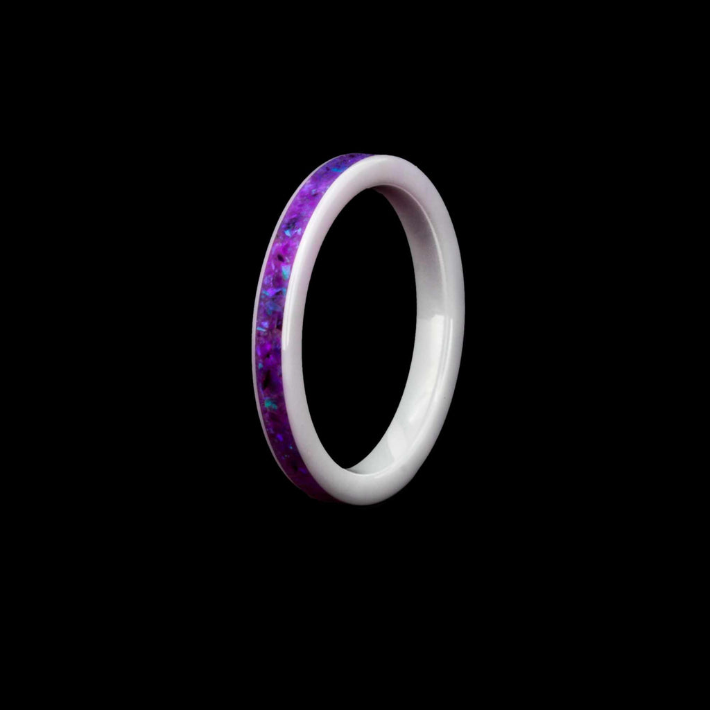 Cremation Ring white ceramic inlaid with ashes and crushed opal Purple