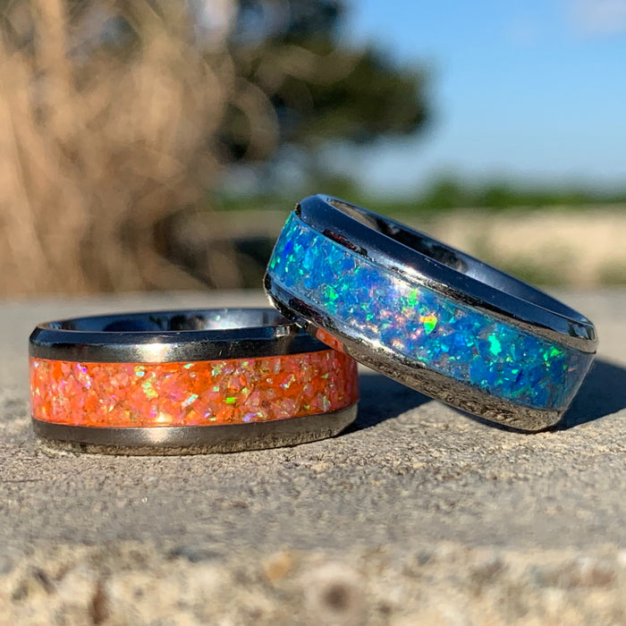 Cremation Jewelry Ring 8mm inlaid with crushed opal and cremations ashes 