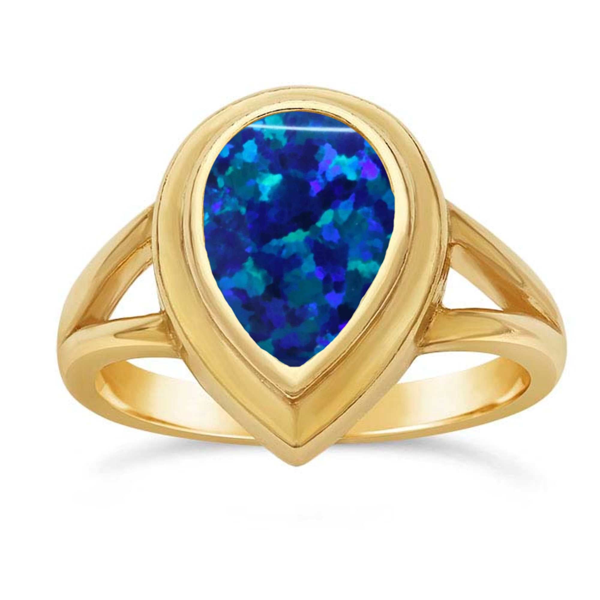 Cremation 14k Gold Pear-Shape Ring Inlaid With Ash And Opal