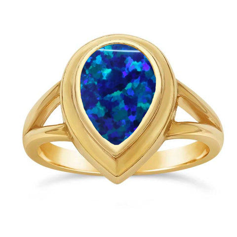 Cremation 14k Gold Pear-Shape Ring Inlaid With Ash And Opal