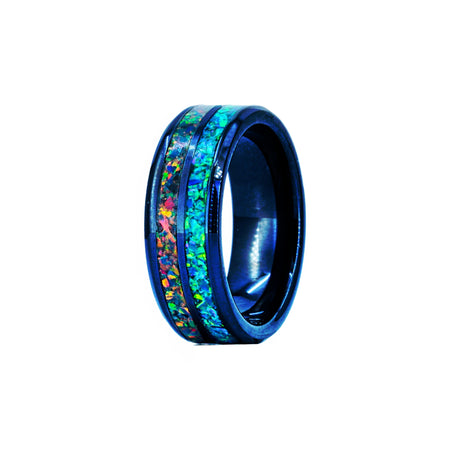 A double-channelled black ceramic ring with a multicolored ash and opal pattern