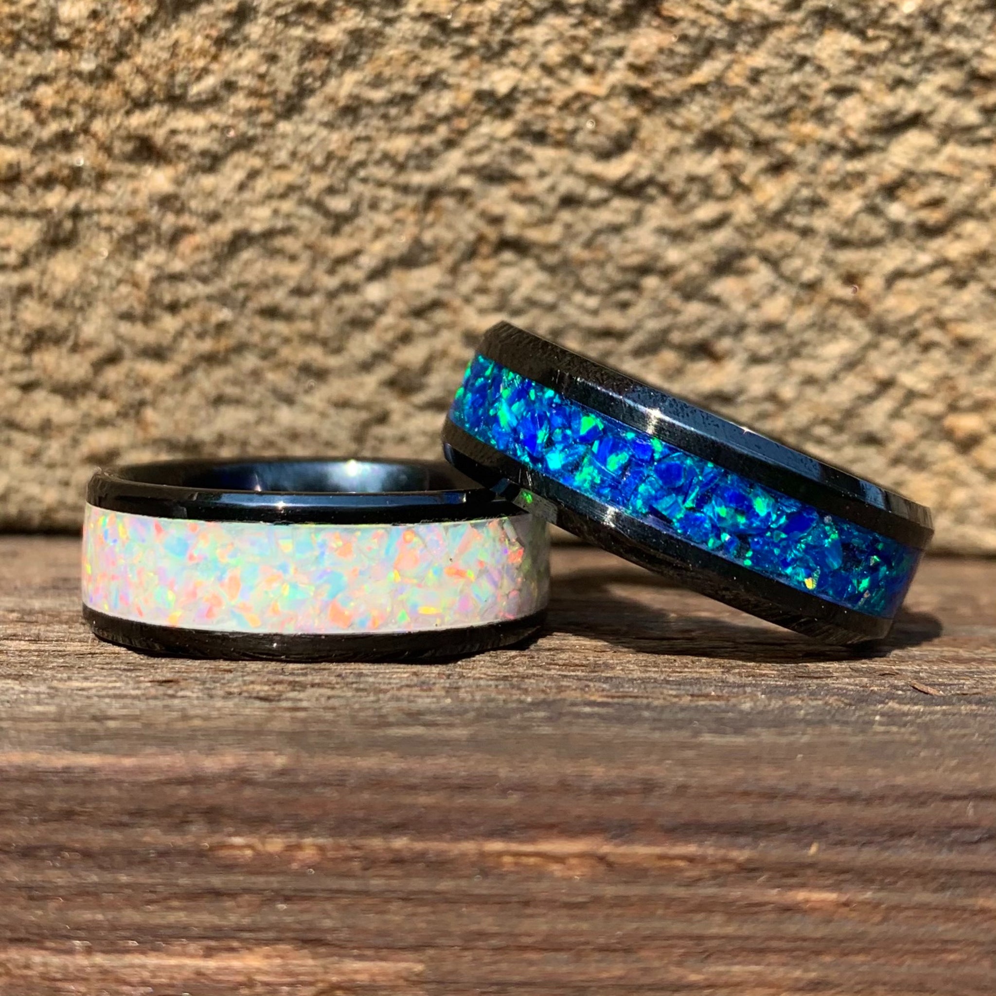 Cremation Ring 8mm Black Ceramic with Ash and Opal