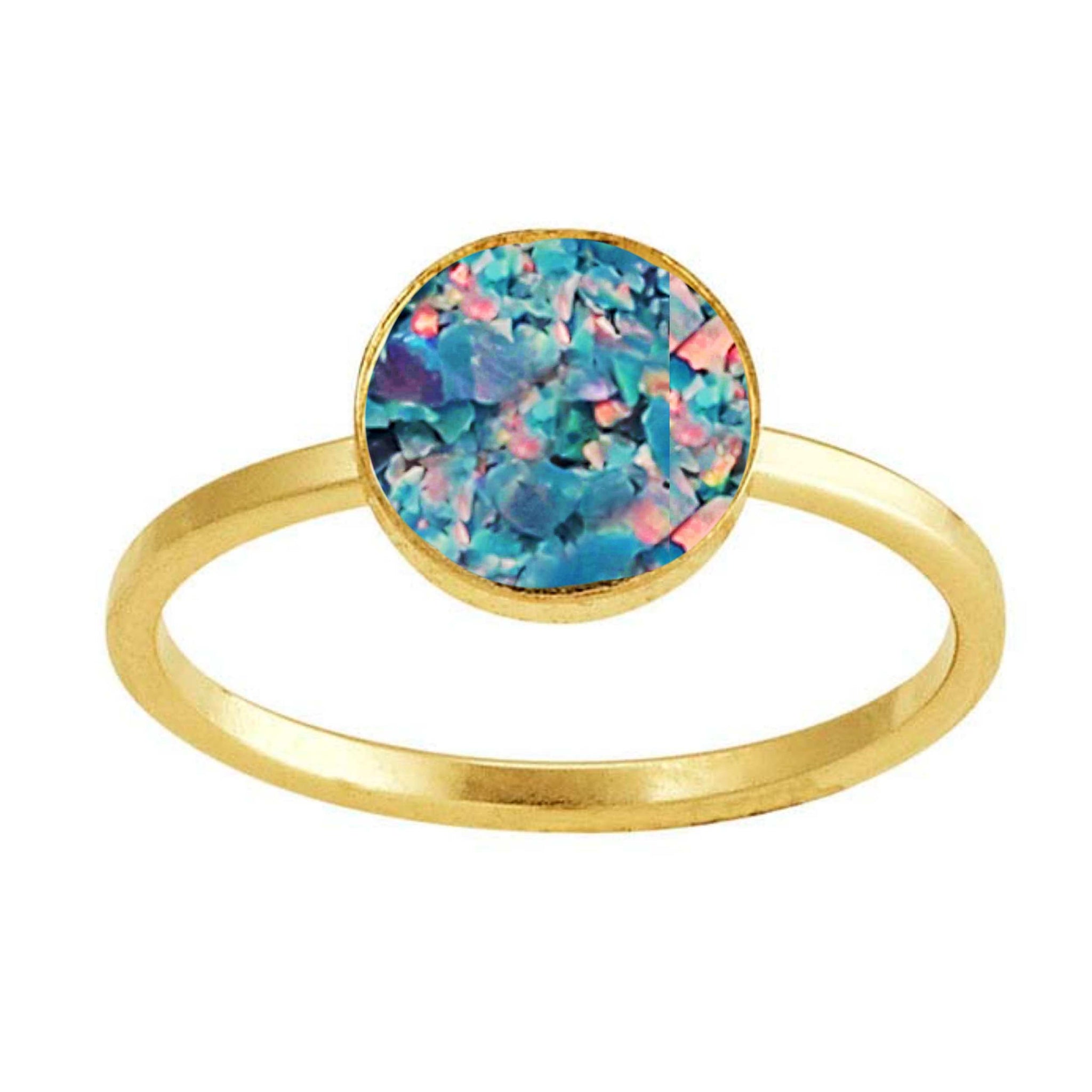 Cremation Ring Round 14K Gold with Ash and Opal