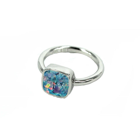 Cremation Ring Square Sterling Silver with Ash and Opal