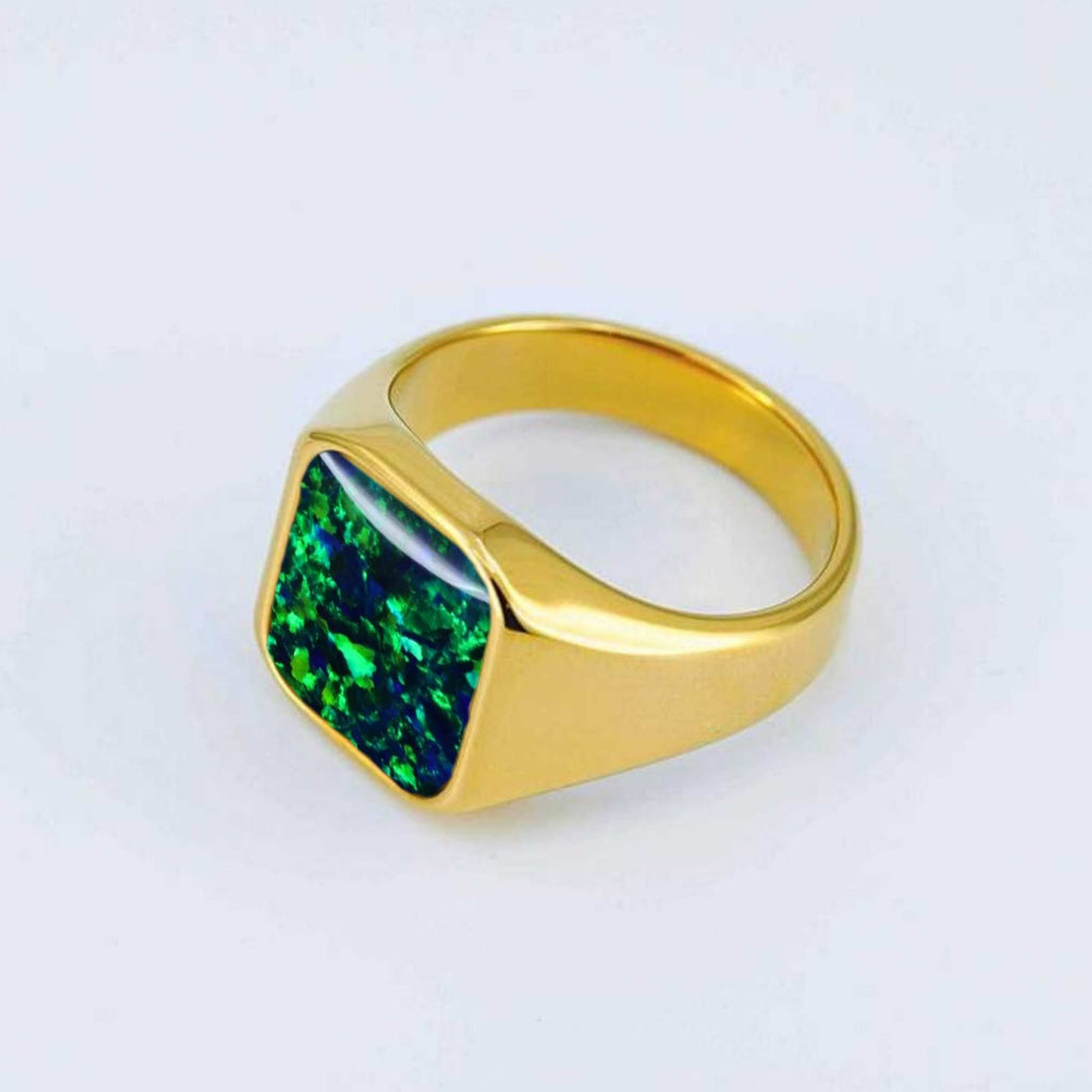 Cremation Ring Signet 14K Gold with Ash and Opal - Stainless Steel