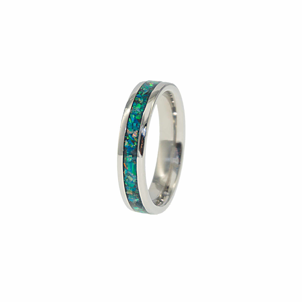 Cremation Ring 4mm Titanium with Ash and Opal